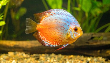 A vibrant discus fish swims in an aquarium, showcasing its orange, blue, and brown coloration against a backdrop of plants and gravel.