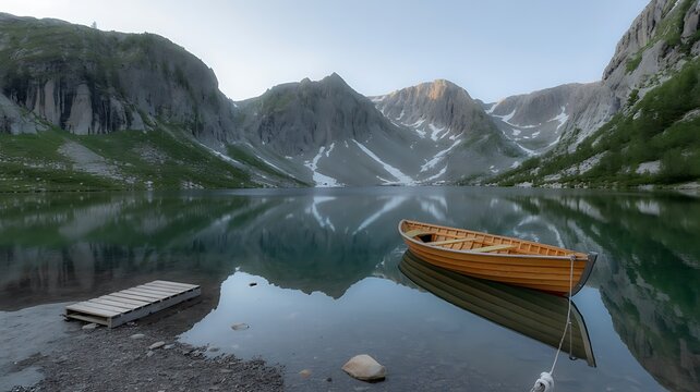 Wooden boat floats on a serene mountain lake at sunrise, reflecting peaks