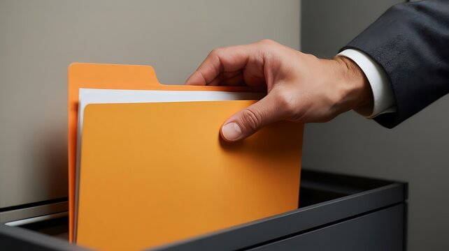 Hand placing an orange folder into a filing cabinet drawer