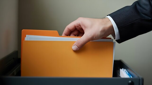 Man in suit filing document in orange folder in office drawer