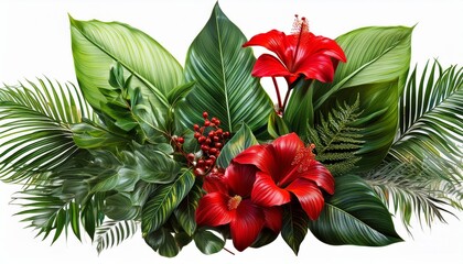 Obraz premium Lush Tropical Plant Arrangement Featuring Large Green Leaves Red Flowers And Vibrant Green Foliage Against A Transparent Background