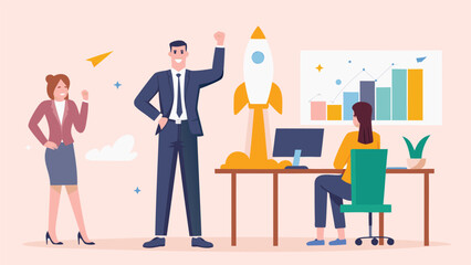 Successful business team celebrating startup launch with a rocket taking off and positive growth chart on the wall