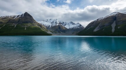 Vibrant turquoise lake reflects snowcapped mountains under a cloudy sky