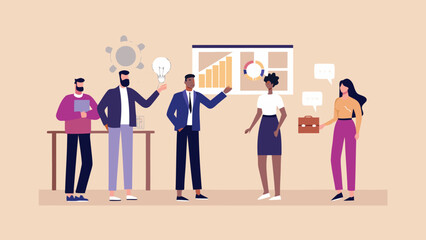 Diverse team collaborates on a business project presenting data charts and brainstorming ideas with a lightbulb symbol