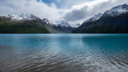 Turquoise glacial lake reflects snowcapped mountains under a cloudy sky