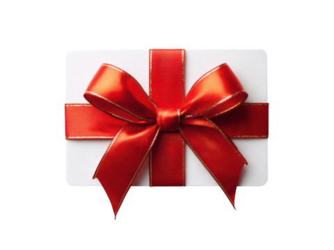 White card with red ribbon and gold trim gift, Isolated, Png Transparent Background