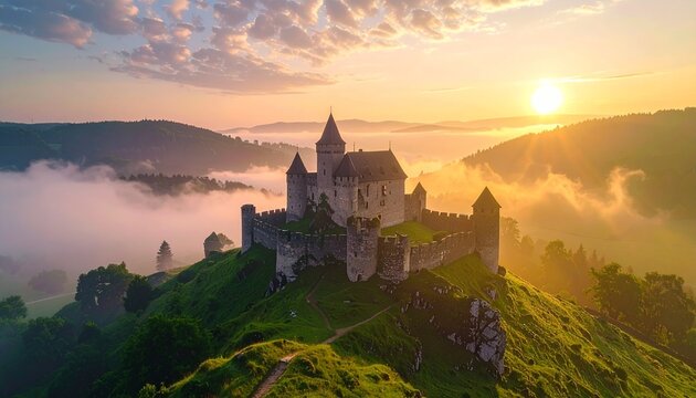 Medieval castle on misty hill at sunrise - Powered by Adobe