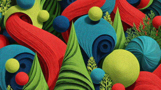 bright 3d pattern inspired by Muravich Brothers, abstract Christmas elements stylized trees