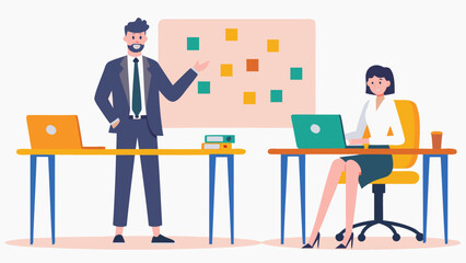 A man in a suit presents ideas on a whiteboard to a woman working on a laptop at her desk in a modern office setting