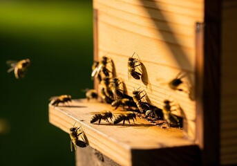  Sunlit vertical beehive with active honeybees