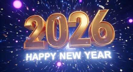 Golden 2026 numbers illuminated with happy new year text amidst festive bokeh lights and sparkles