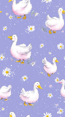A repeating pattern of charming ducks and daisies set against a pale purple backdrop. The ducks are depicted with delicate brushstrokes and soft pastel hues, while the daisies add a touch of whimsy.