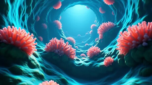Vibrant Underwater Coral Reef Cavern With Pink Coral And Blue Water Sunlight Rays Shining Through An Opening