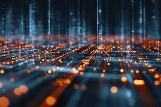 Abstract technology background depicting big data visualization and digital connectivity with glowing lines and data points in a futuristic setting