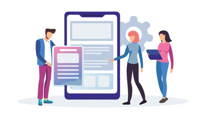 Diverse team collaborating on a mobile app design project with a large smartphone and gears in the background