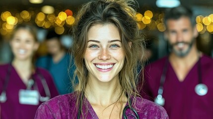 A young woman with a bright smile and blue eyes, wearing purple scrubs and a stethoscope, stands in the foreground with blurred colleagues behind her.