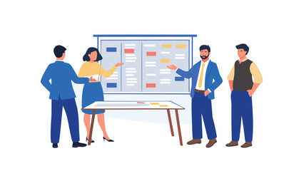 Diverse team of professionals collaborating and presenting ideas on a large whiteboard during a business meeting