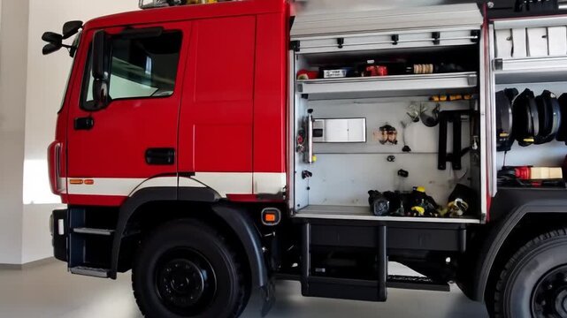 Fire truck with equipment inside garage.