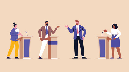 Diverse group of candidates engaging in a political debate standing at podiums with microphones in a modern flat illustration style