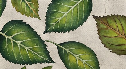 Hand Painted Green Leaves on Canvas Texture Botanical Watercolor Art Natural Pattern Background  
