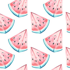 Bright and cheerful seamless pattern of watermelon slices perfect for summer festivities, beach parties and vacation vibes, ideal for creating vibrant backgrounds and wallpapers