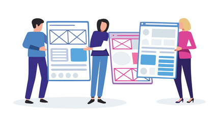 Diverse team of designers collaborating on website user interface and user experience wireframe layouts for digital projects