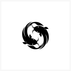 Elegant circular emblem with two swimming catfish in a yin-yang style. Black and white vector illustration for a modern logo design or icon, concept 214.eps