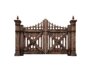 Weathered wooden double gate with pointed fence and stone posts rustic, Isolated, Png Transparent Background