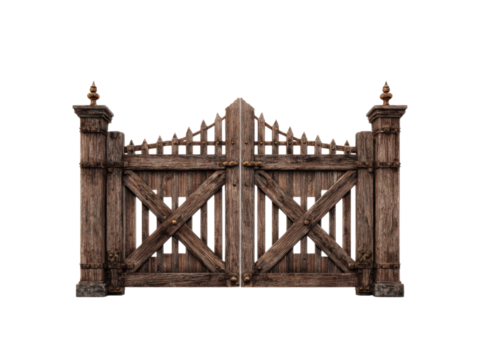 Weathered wooden double gate with pointed fence and stone posts rustic, Isolated, Png Transparent Background