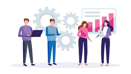 Diverse team of professionals collaborating on a project with gears and a growth chart representing business success and teamwork
