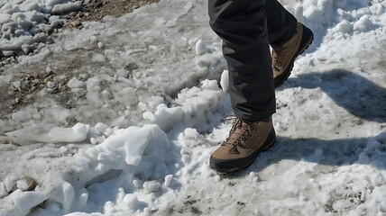 Person wearing hiking boots walking on a snowy and muddy path