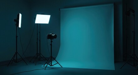 Dimly lit studio, white backdrop, camera on tripod, lighting equipment