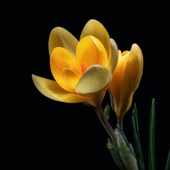 Captivating Floral Bloom, Crocus Flowers, Indoor Setting, Photography, Black Background, Close-Up View, Nature's Beauty