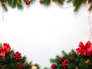 Festive christmas holiday frame with fir branches and red decor.