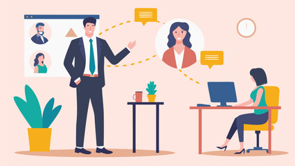 Business professionals collaborating remotely through online video calls and digital communication in a modern office setting