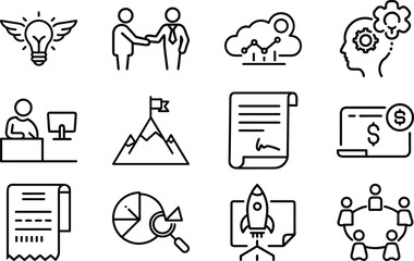 Business Management and Office Line Icons Set – Leadership, Growth, Cloud Network, Data Analytics, and Workplace Productivity Outline Symbol Bundle for Web, App, and Infographic Design