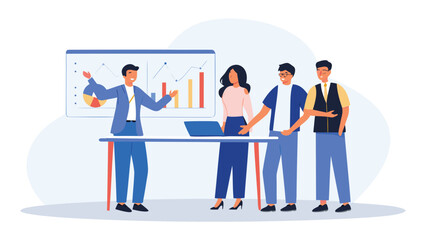 Diverse team of professionals collaborating around a table during a business presentation with charts and graphs displayed on a screen