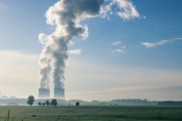 Temelin nuclear power plant cooling towers emitting steam