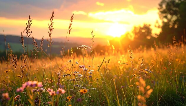 Golden Hour Meadow - A Serene Landscape at Sunset.