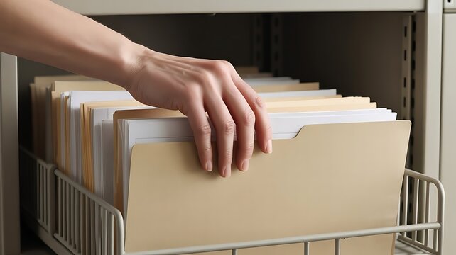 Hand reaching for a file folder in a filing cabinet