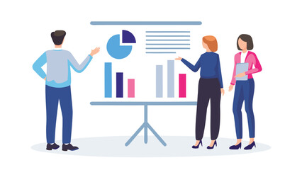 Diverse team of professionals presenting a business report with charts and graphs on a whiteboard during a meeting