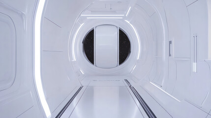 Round window on the white cabin of a spacecraft future technology innovation structure.