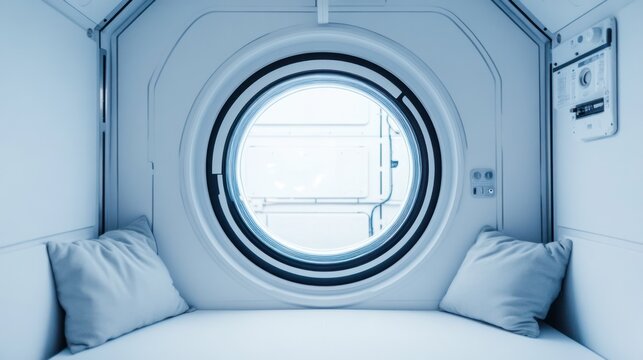 Round window on the white cabin of a spacecraft future technology innovation structure.