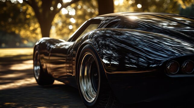 Black sports car has highlighting every curve and detail in the bright sunlight reflection.
