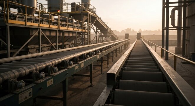 Industrial conveyor belts lead into factory under pale hazy sky
