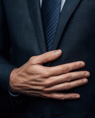 Obraz premium Businessman placing one hand over his chest, showing reassurance and confidence in communication.