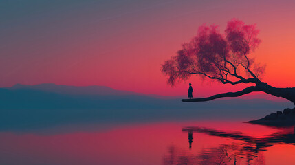 Serene landscape showing person practicing mindfulness and balance of body mind spirit
