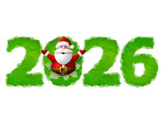 New Year 2026 of crumpled paper isolated on white. Santa Claus is sticking out of hole in paper with his hands up. Vector image for new years day, christmas, winter holiday, new years eve, silvester