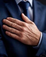 Obraz premium Businessman placing one hand over his chest, showing reassurance and confidence in communication.
