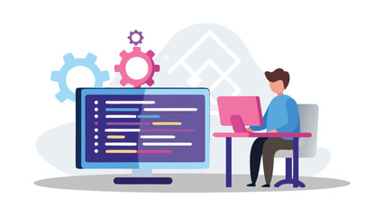 A person working on a computer with code displayed on the screen and gears in the background representing development and process